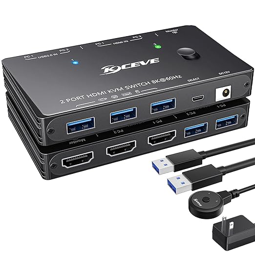 HDMI2.1 KVM Switch 2 Computer 1 Monitor 8K@60Hz, KVM Switch HDMI 2 Port with 3 USB3.0, Wired Remote, Power Adapter and USB Cables