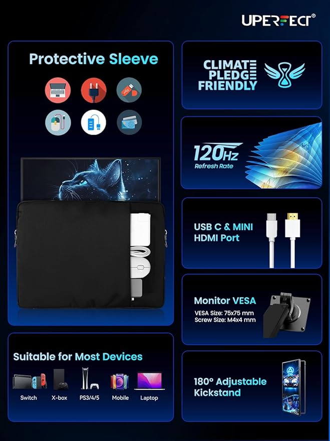 UPERFECT Portable Monitor 18.5-inch 120HZ 100% sRGB 1080P w/VESA & Stand 180° Adjustable Ultra-Slim & Lightweight Frameless FHD FreeSync IPS HDR Gaming Display, Travel Second Monitor for Laptop