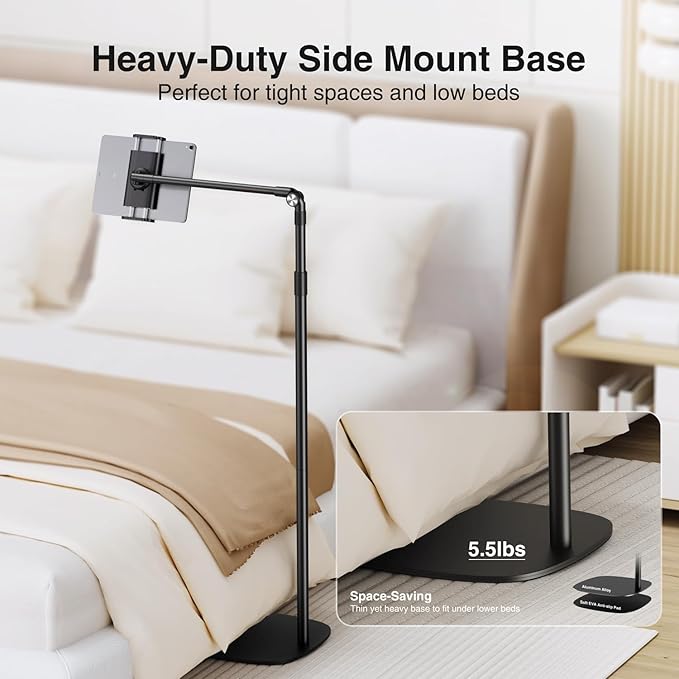 elitehood iPad Stand Floor, Height Adjustable Tablet Floor Stand with Heavy Base, 360° Rotatable Kinlde Holder for Reading in Bed, Fit 4.7''-13'' iPad mini Air Pro, Galaxy Tab, Kindle and Cell Phone