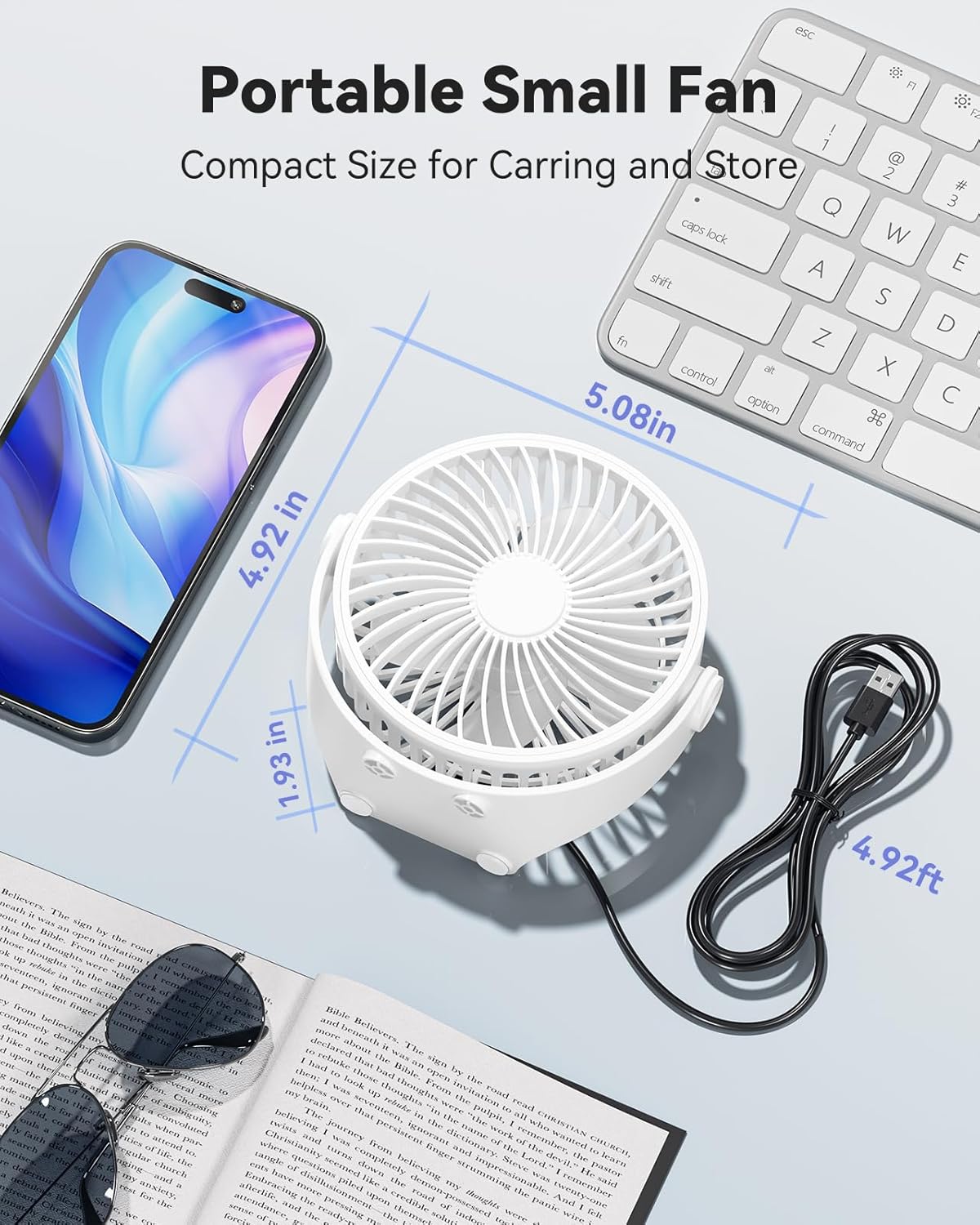 USB Desk Fan, 5 Inch Mini Portable, 3 Speeds Strong Airflow Personal Desktop, Detachable Cooling Fan 360° Rotation Quiet Small Fan for Desk Home Office Travel Car, White, 5ft Cable