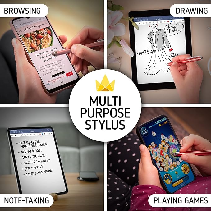 The Friendly Swede Stylus Pen for Touchscreen — 3-Pack 5.5" High Precision Stylus Pen with Replaceable Thin Tips, Elastic Lanyards & Screen Cleaning Cloth - Red/Black/Silver