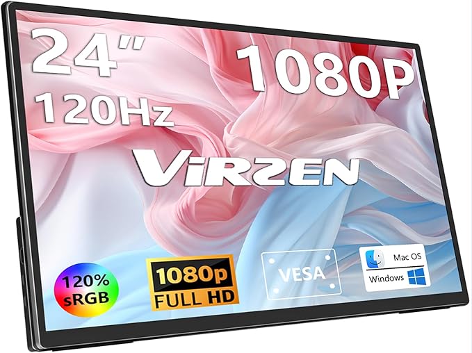 24'' Large Portable Monitor, FHD 120HZ 120% SRGB IPS USB-C HDMI Work Home Gaming Built-in Stand Speakers Second Monitor 1080P for Laptop, MacBook, Phones