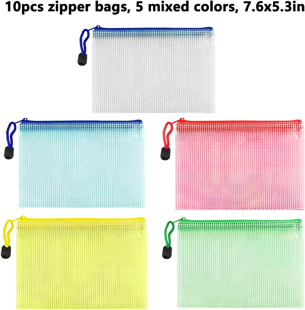 AUSTARK 10 Pcs Zipper File Bags, Waterproof Plastic Mesh Pouch for Office School, Board Game Storage Bags (B6 Size 7.6''x5.3'', Multicolored)