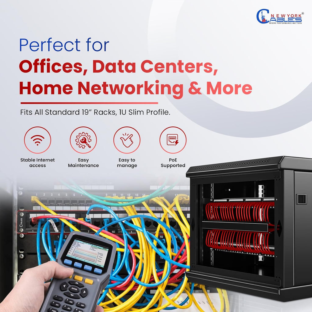 NewYork Cables 24 Port Cat6 Patch Panel – 10Gb Ethernet, 1U Rackmount 19-Inch, T568A/B Color-Coded Labels, Unshielded, 110/Krone Compatible, Black