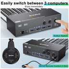 KVM Switch 3 Monitors 3 Computers 8K@60Hz, MLEEDA HDMI + 2* Displayport Triple Monitor KVM Switch,3 Monitor KVM with 4 USB 3.0 Ports for Keyboard Mouse Printer, Wired Remote and Power Adapter Included