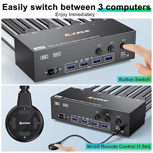KVM Switch 3 Monitors 3 Computers 8K@60Hz, MLEEDA HDMI + 2* Displayport Triple Monitor KVM Switch,3 Monitor KVM with 4 USB 3.0 Ports for Keyboard Mouse Printer, Wired Remote and Power Adapter Included