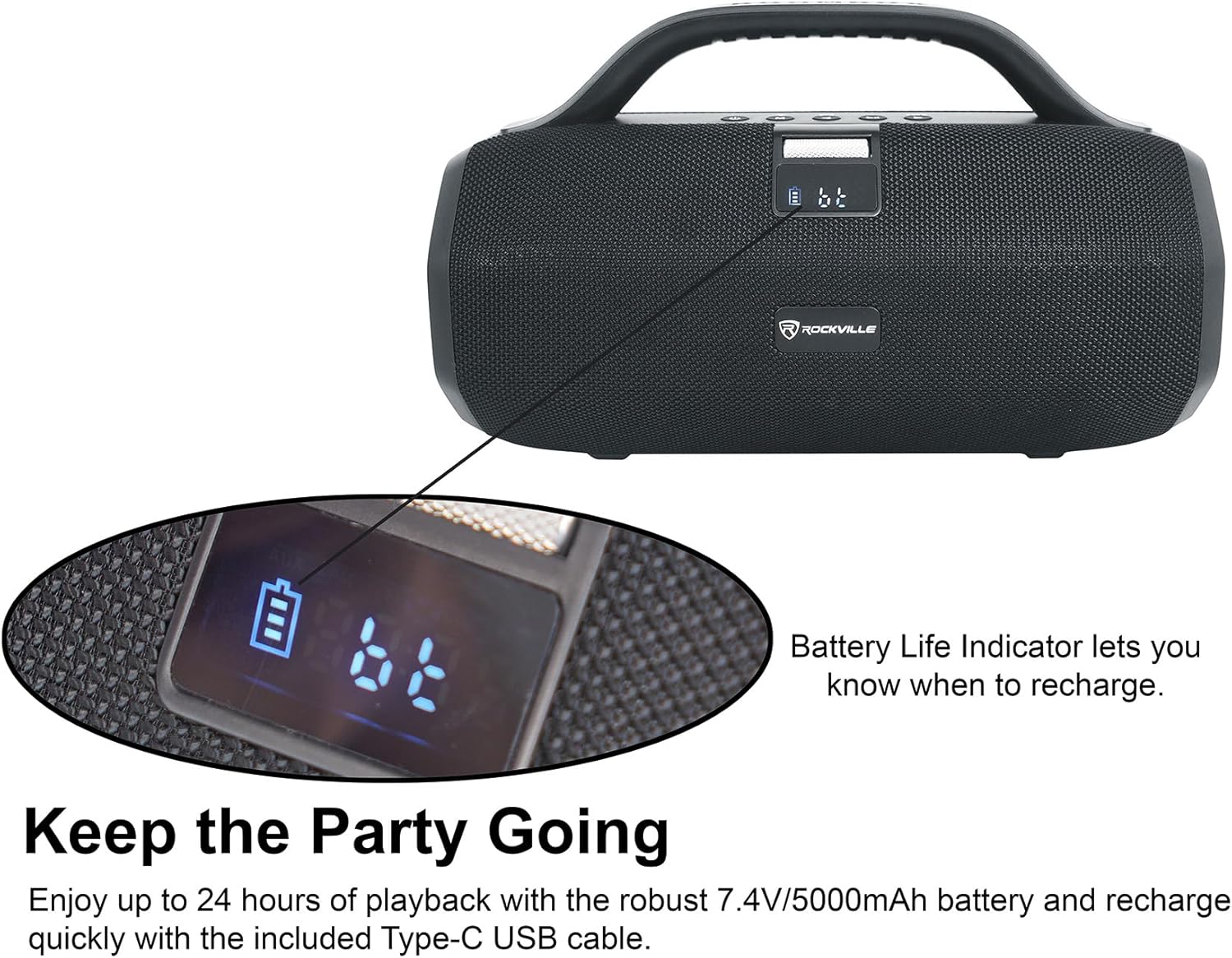 Rockville SONIC-50L Portable Bluetooth Speaker, 50W Stereo Sound, Dual LED Rings, IPX5 Water-Resistant, Upto 24-Hour Battery, TWS, USB/TF Card/AUX/Mic Inputs, for Outdoor and Indoor Events