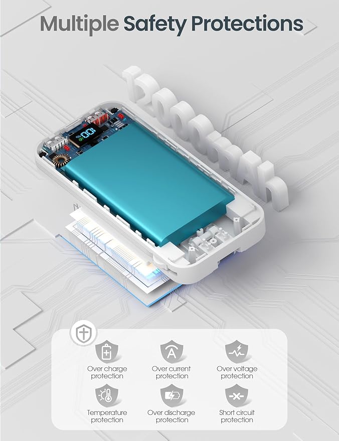 12000mAh Lightweight-Portable-Charger-Power-Bank with Built-in Cables and AC Wall Plug, PD20W USB-C Fast Charging Battery Pack, LED Display External Travel Phone Charger for All iPhone,Samsung,Android