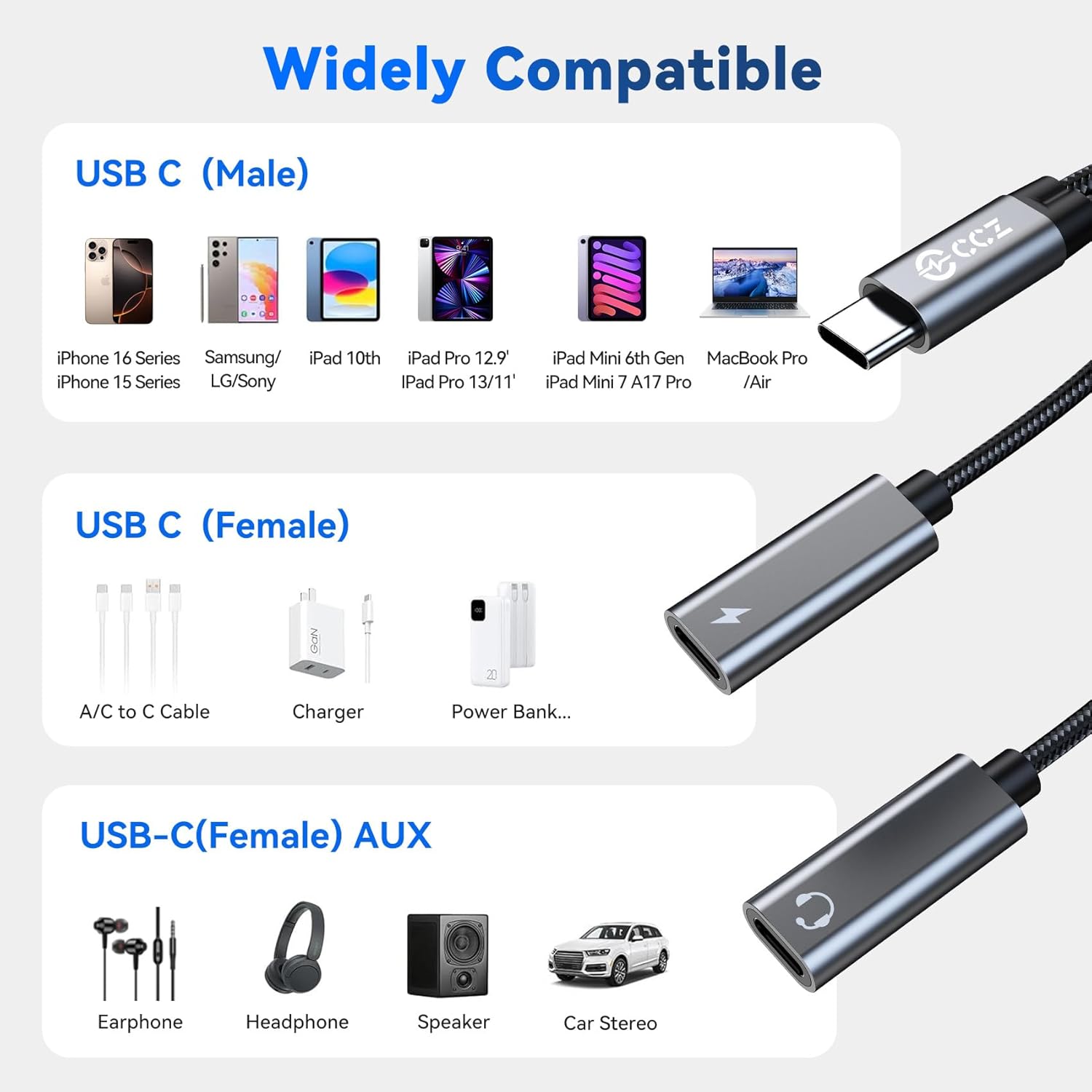 USB C Splitter,1 in 2 Out Dual USB C Type Headphone and Charger Audio Adapter, Type C Headphone Adapter and 60W PD Fast Charging Dongle Cable Compatible with Phone 16/15 Pro Max,USB-USB, 1Pack)