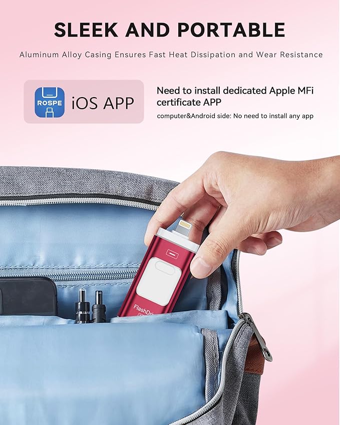 Apple MFi Certified 256GB Flash Drive for iPhone Thumb Drive Photo Stick, USB Memory Stick iPhone Flash Drive for Photos Videos, High Speed Jump Drive Compatible for iPhone/iPad/Android/PC (Red)