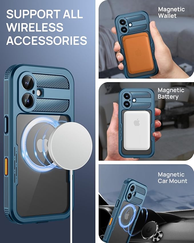 Lanhiem Magnetic for iPhone 16 Plus Case, IP68 Waterproof Dustproof Case, [Compatible with Magsafe] [Built-in Screen Protector] Full Body Heavy Duty Rugged Phone Cover 6.7 inch, Blue/Clear