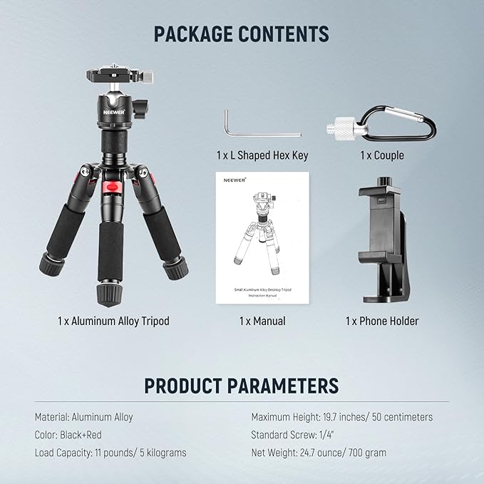 NEEWER Mini Desk Camera Tripod with Cell Phone Holder Compatible with iPhone for Video Recording Filming, 20"/50cm Small Portable DSLR Camcorder Webcam Stand, 360° Ball Head 1/4" QR Plate, TP-AAM521