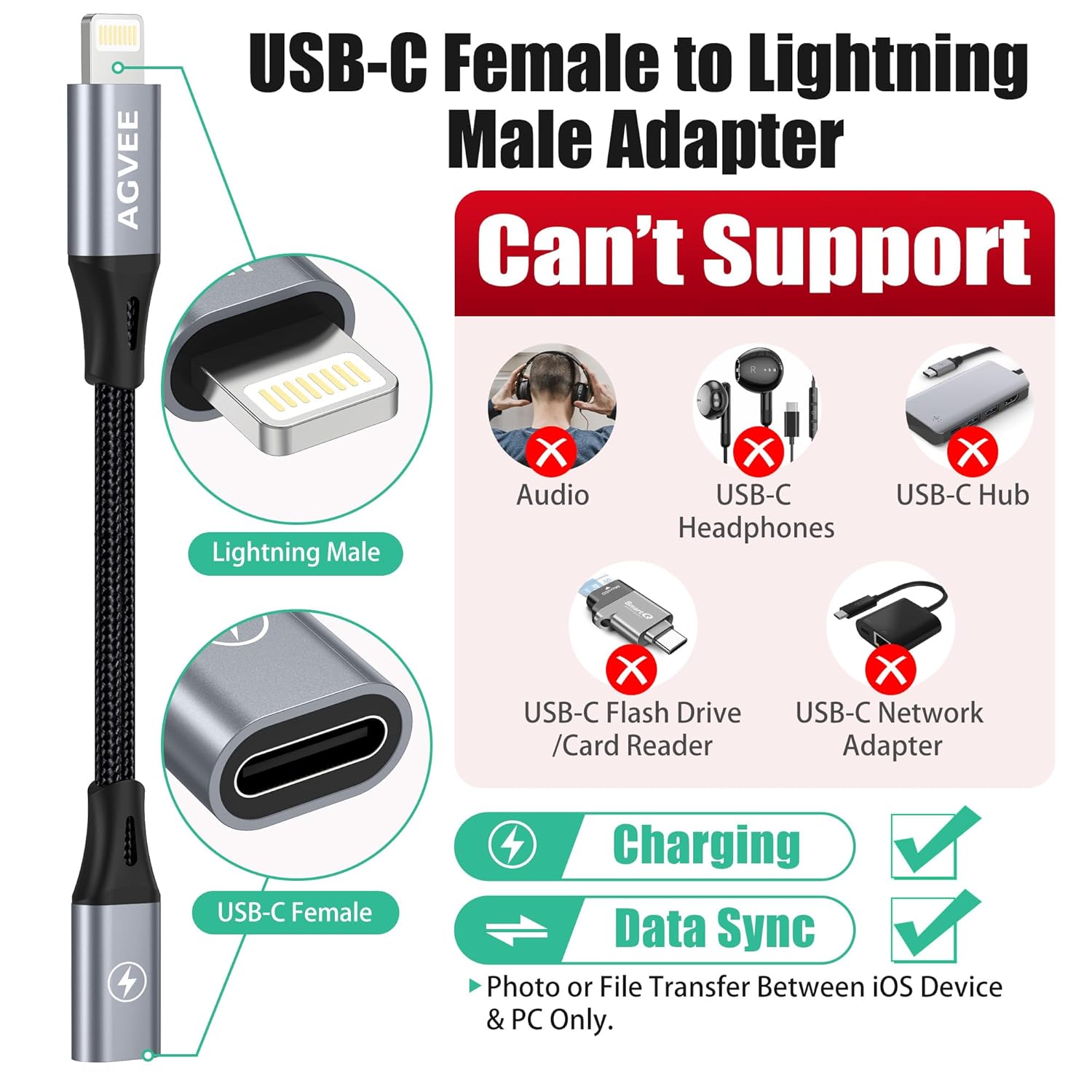 AGVEE 4 inch USB-C Female to Lightning Male Adapter, 30W Fast Charging Charger Converter for iPhone 14 13 12 11 Airpods iOS Device Carplay, Not for Audio, Dark Gray