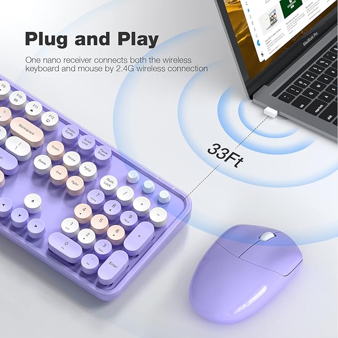 KNOWSQT Wireless Keyboard and Mouse Combo Purple Colorful - 2.4G Typewriter Full-Size Retro Keyboards - USB Receiver Plug and Play, for Computer, PC, Laptop, Desktop, Windows