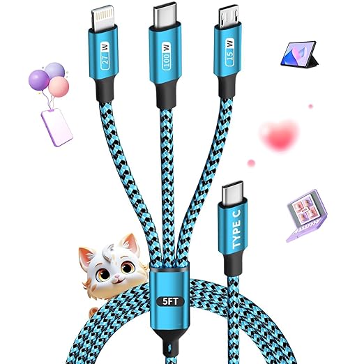 100W USB C Multi Charging Cable,3 in 1 USB C Cable Fast Charging with E-Mark Chip,Universal Charging Cable with Type-C, Micro USB,IP Port for iPhone16/15/Cell Phones and More