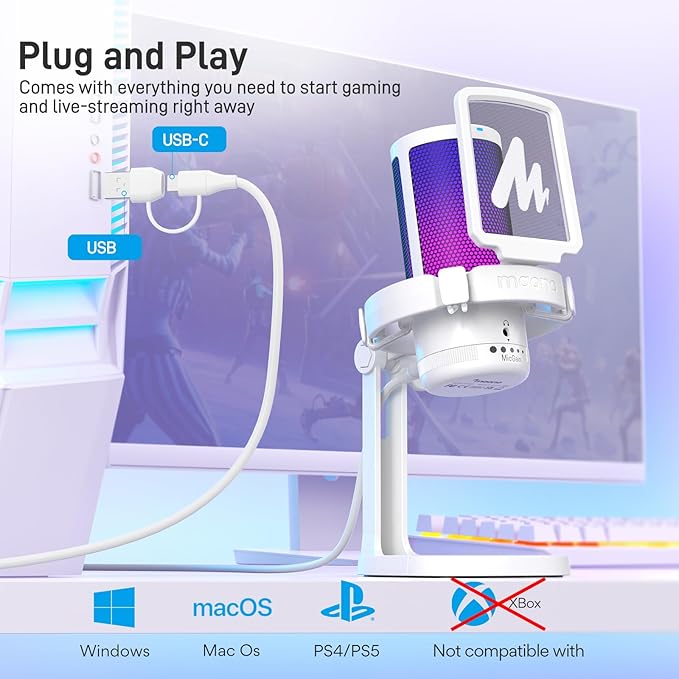 MAONO Gaming Microphone for PC with Noise Cancellation, USB Condenser Mic for Computer, Mac, Laptop, PS5, Streaming, Podcast, Twitch, YouTube, Discord, GamerWave DGM20 White