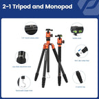 Fotopro 68" Camera Tripod for DSLR, Heavy Duty Compact Travel Tripod with Ball Head, Detachable Monopod with Quick Release Plate and Bag, Load up to 12KG/26.5lbs(Orange)