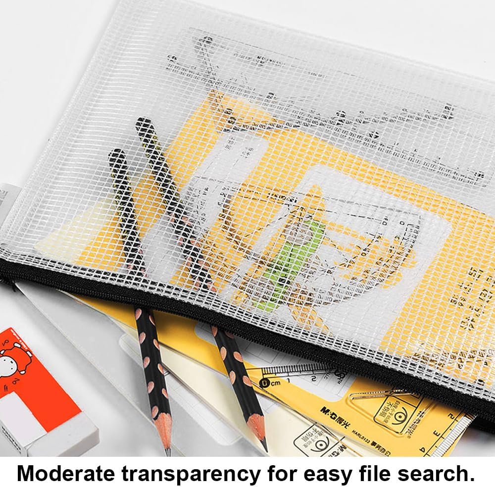 AUSTARK 10 Pcs Zipper File Bags, Waterproof Plastic Mesh Pouch for Office School, Board Game Storage Bags (A5 Size 9.2''x6.7'', White and Black)