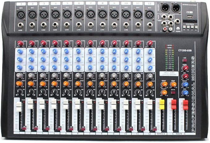 12 Channel Audio Mixer, DJ Soundboard Sound Mixer Console with Xlr, Line Inputs & 48V Phantom Power, Studio Audio Mixer KTV Sound Mixing Console for Professional and Beginners (12-Channel)
