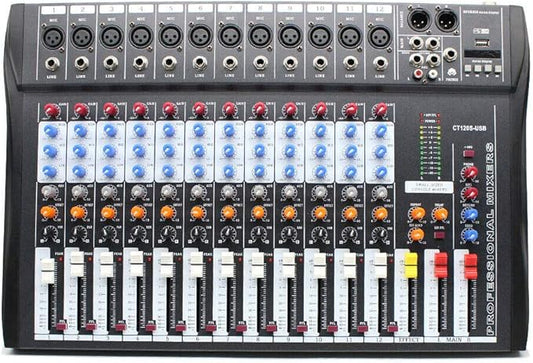 12 Channel Audio Mixer, DJ Soundboard Sound Mixer Console with Xlr, Line Inputs & 48V Phantom Power, Studio Audio Mixer KTV Sound Mixing Console for Professional and Beginners (12-Channel)