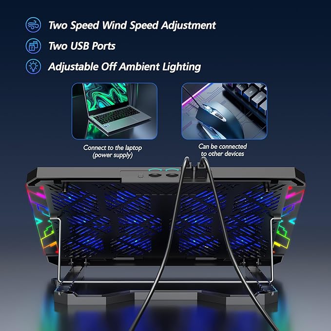 Laptop Cooling Pad with 12 Quiet Fans, Slim Portable for 12-17.3 Inch Laptop Cooler Stand with 5 Height Adjustable, Ergonomic Gaming Cooling Fan Pad with Two USB Ports & Phone Holder (Gear)