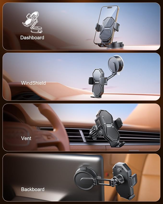 SUPERONE 3-in-1 Car Phone Holder [Strongest Suction Cup & Clip] 360° Adjustable Car Phone Mount for Dash/Vent/Windshield, Phone Holders for Your Car Accessories for iPhone 16/15/14/13 Samsung Android