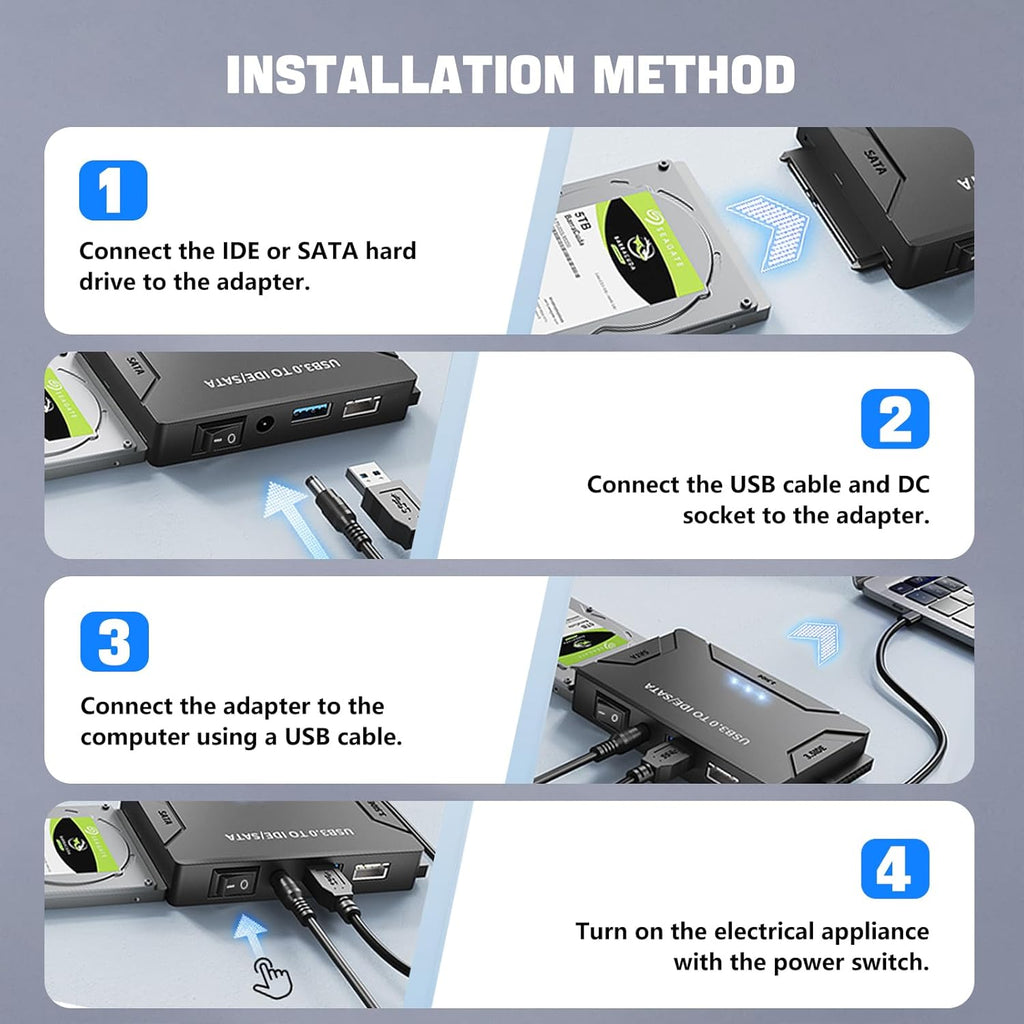 MaxRenard Hard Drive Reader USB 3.0 to SATA/IDE Adapter | Universal External Hard Drive Reader & Data Recovery Converter Kit for 2.5"/3.5" HDD/SSD | with 12V/2A Power Supply