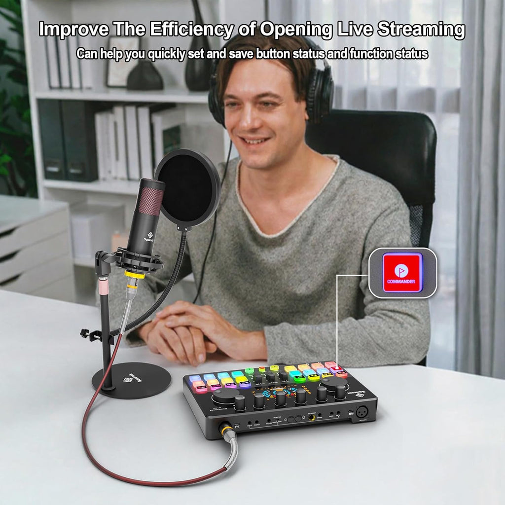 Podcast Equipment Bundle for 2 with Dual 48V XLR Condenser Micophones with Mic Pop Filters Audio Equipment for Live Streaming/ Recording, Online Gaming for Phone/ Laptop/ PC Audio Interface M100