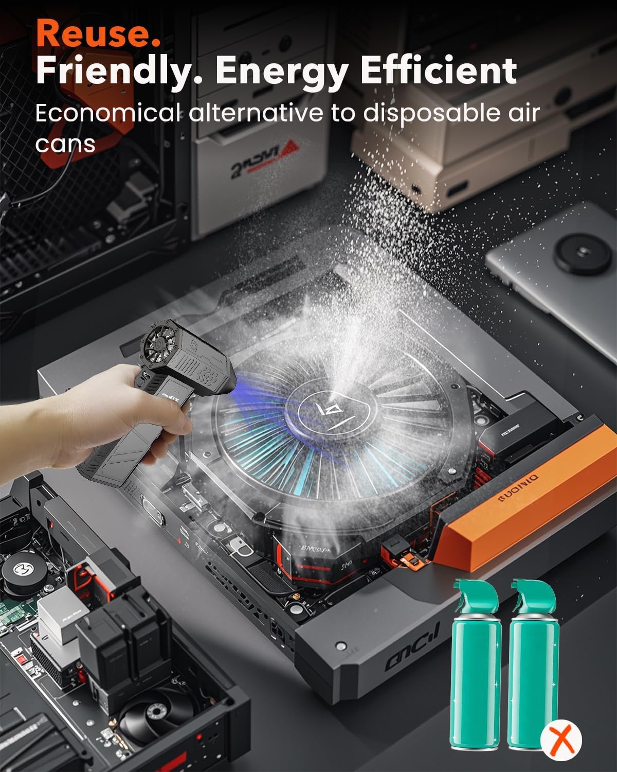 Compressed Air Duster, 180000RPM Electric Air Duster, Rechargeable Cordless Air Blower with 3-Gear Turbo Fan, Canned Air Alternative for Keyboard, PC, Computer, Car, Home & Outdoor Use (Pure Black)