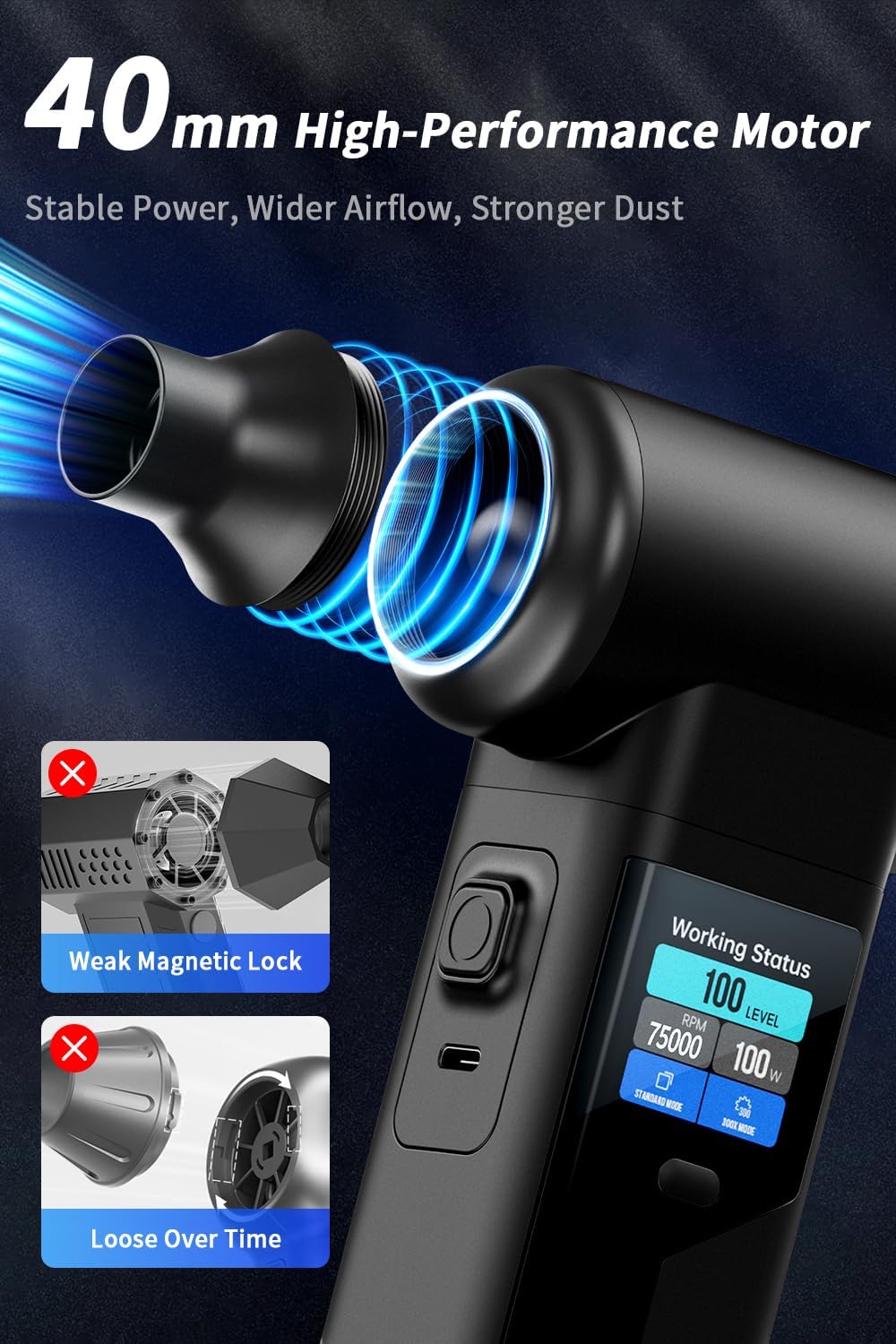 Instant Dust Removal – Electric Air Duster 130000 RPM, 40 mm Motor, 10000 mAh Battery & 30 W Fast Charge, TFT Screen, 300-Speed Control, Rechargeable Compressed Air Blower for PC & Electronics