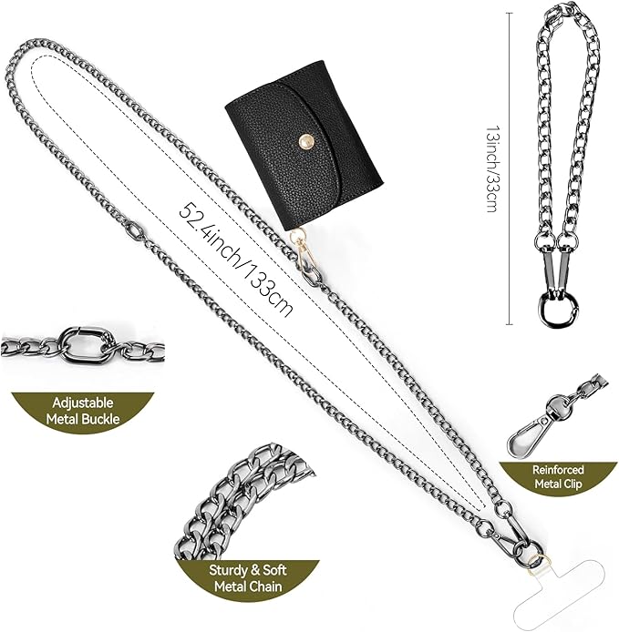 Clip and Go Strap for Phone with Wallet Metal Gun Chain Crossbody Phone Lanyard for Women Adjustable Detachable Wristlet Charm Small Purse Leather Card Holder Zipper with iPhone Stand 2 Patches Black