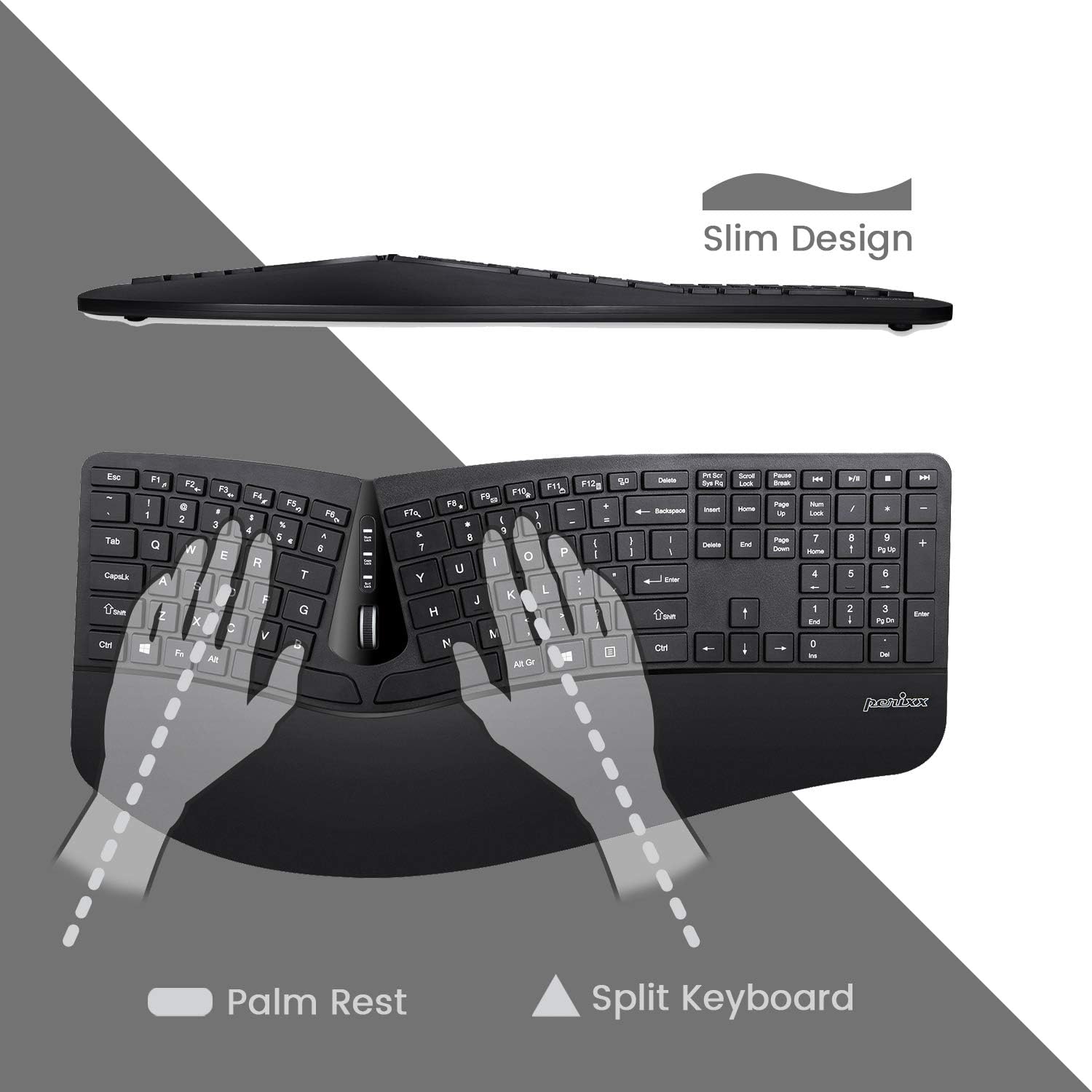 Perixx Periduo-605, Wireless Ergonomic Split Keyboard and Vertical Mouse Combo, Adjustable Palm Rest and Membrane Low Profile Keys, Black, US English Layout (11633)