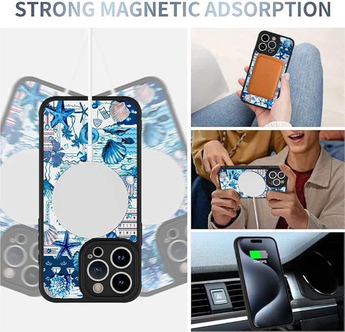 AIGOMARA Magnetic Case for iPhone 15 Pro [Compatible with MagSafe] Blue Shell Starfish Ocean Holiday Collage for Women Girls Men Soft TPU Bumper Hack PC Back Heavy Duty Protective Slim Cover
