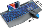 Wireless Keyboard and Mouse Backlits, Wrist Rest, Jiggler Mouse, Rechargeable Ergonomic Keyboard with Phone Holder, Silent Light Up Combo for Computer, Mac, PC, Laptop, Chromebook (Bright Gray)