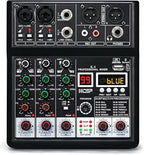 Dj Mixers, 4 Channel Audio Mixer, Sound Board with Bluetooth Player, Usb Audio Interface with 48V Phantom Power, Sounds Mixer Board with 99 DSP FX Reverb Delay Effect