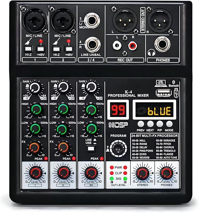 Dj Mixers, 4 Channel Audio Mixer, Sound Board with Bluetooth Player, Usb Audio Interface with 48V Phantom Power, Sounds Mixer Board with 99 DSP FX Reverb Delay Effect