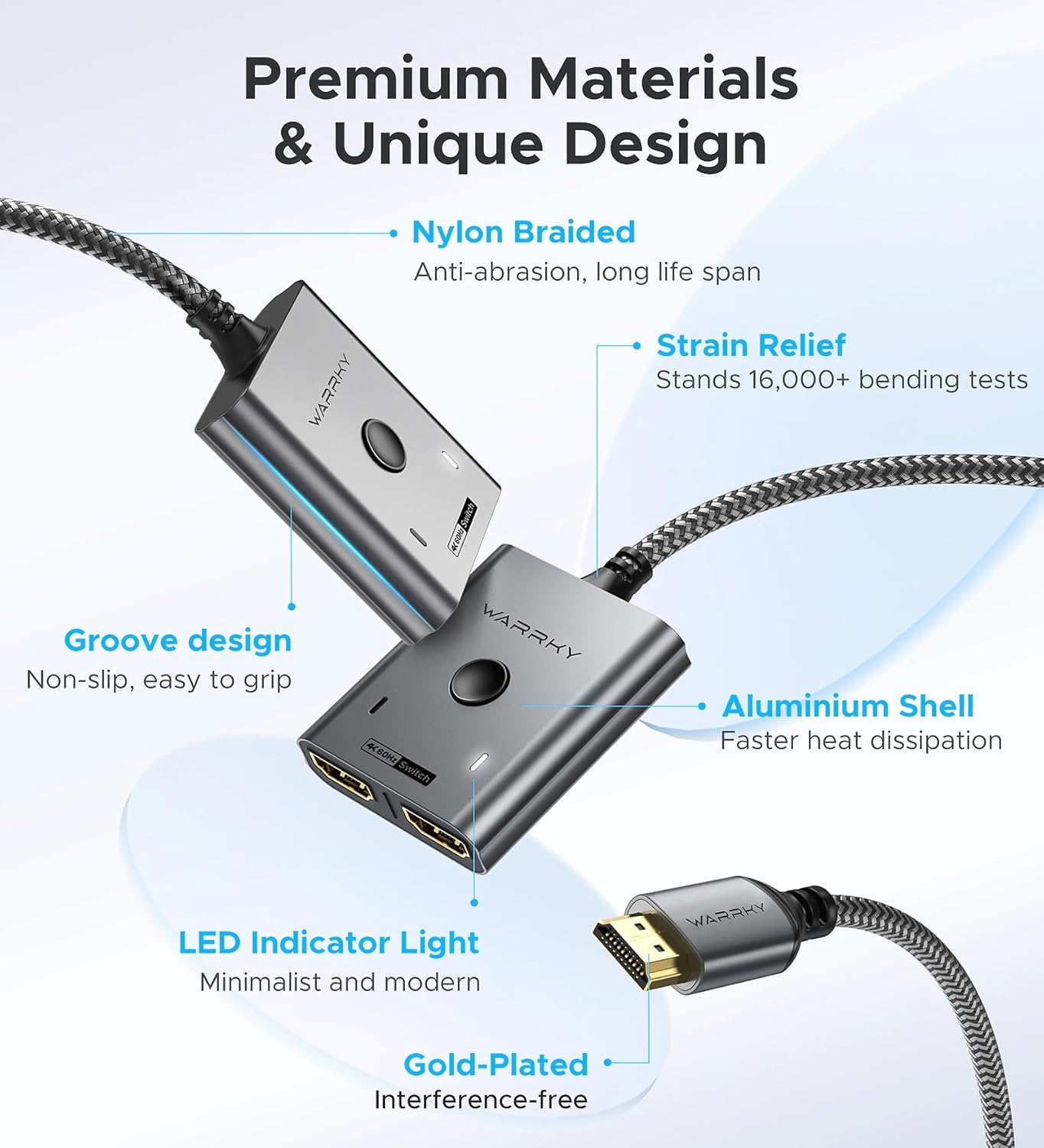 HDMI Switch 2 in 1 Out 4K@60Hz, WARRKY[with 3.3ft Fixed Braided HDMI Cable, Aluminum Case, 2K@144Hz, HDCP 2.2] Bidirectional 2x1 Switcher Splitter Compatible for PS5/4, Xbox, Roku, FireStick, Switch