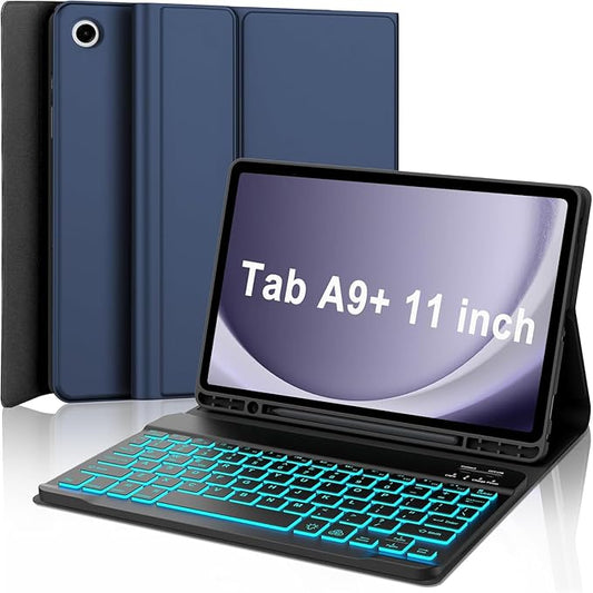 Keyboard Case for Samsung Galaxy Tab A9 Plus 5G 11 inch 2023 (SM-X210/X216/X218), 7 Color Backlit Detachable Keyboard Bluetooth, Smart Folio Cover with S Pen Holder for Galaxy Tab A9+ 11"（Dark Blue
