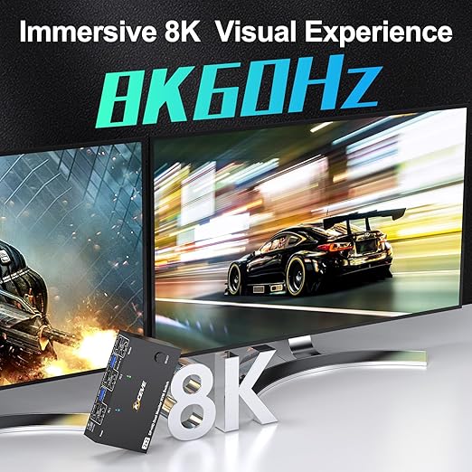 KVM Switch 2 Monitors 2 Computers 8K@60Hz/4K@144Hz, HDMI Displayport KVM Switches for 2 PC Sharing Dual Monitor and Keyboard Mouse with Power Adapter, Wired Extend Controller and USB3.0 Cables