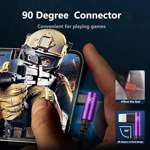 KIYODA iPhone Charger Cable 6ft, 3 Pack Lightning Cable, 90 Degree Nylon Braided Gaming Charging Cord, USB to Lightning Cable Compatible with 13 12 11 Pro XS MAX XR X 8 7 6S Plus SE iPad iPod, Purple