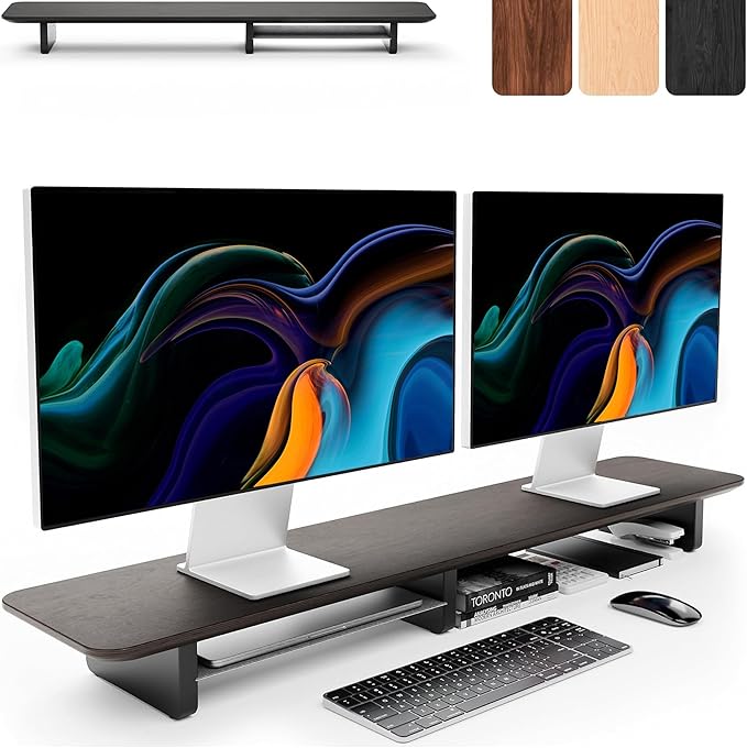 KIVY Dual Monitor Riser With Integrated Metal Shelf [MADE BY HAND] - Wooden Desk Shelf for 2 Monitors - Wide Long Stand for Desk (44 x10x3in - Black)