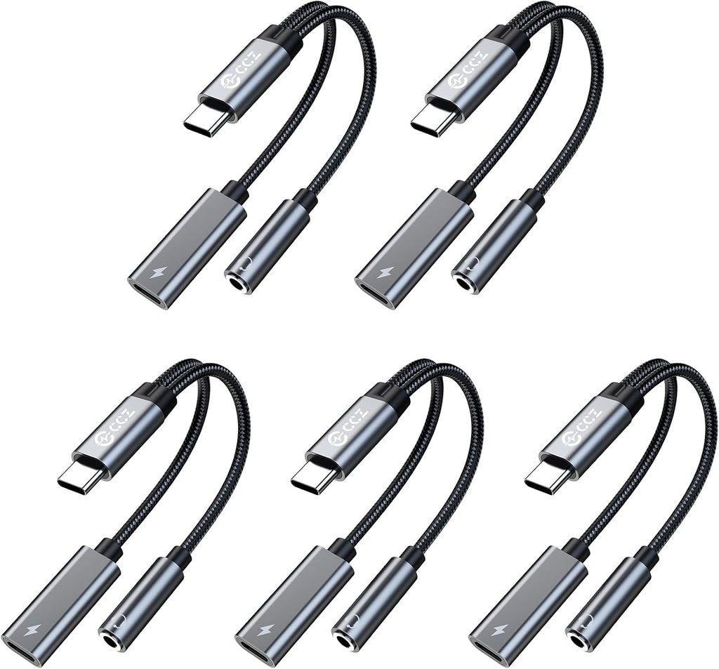 USB Type C to 3.5mm Headphone and Charger Adapter,2 in 1 USB C to Aux Audio Jack Hi-Res DAC with Charging for Earphones,Compatible with Samsung Galaxy S25/S24/S23/S22+(USB-3.5MM, 5Pack)