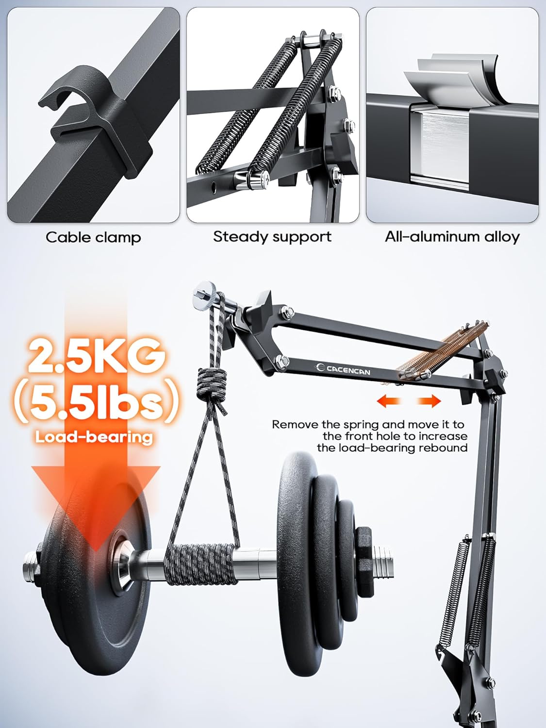 Overhead Camera Mount, 5lb Horizontal Load-Bearing, 360° Adjustable Stand for Desk, Flexible Arm Desk Mount, with Phone Clamp, Tabletop Mount for DSLR Camera/Webcam/Microphone（White