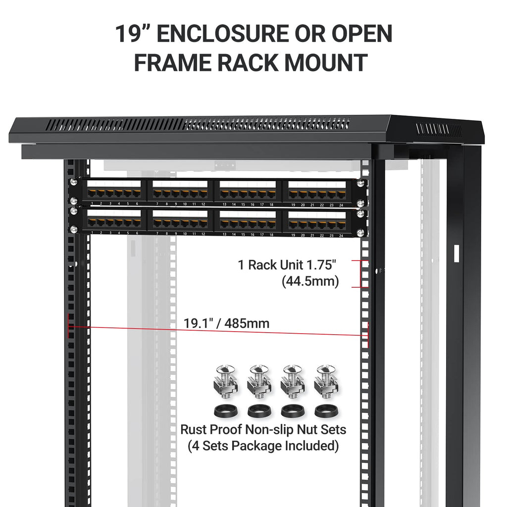 AMPCOM Premium Series CAT6 24 Ports Patch Panel, Rack Mount - 1U, 19 inch, RJ45 Ethernet 568A 568B, 15u Gold Plated, with Rear Cable Support Bar