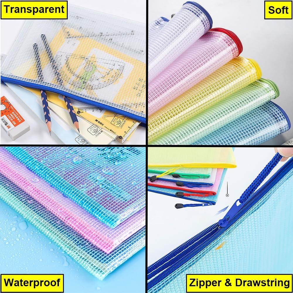 AUSTARK 10 Pcs Zipper File Bags, Waterproof Plastic Mesh Pouch for Office School, Board Game Storage Bags (A5 Size 9.2''x6.7'', Multicolored)