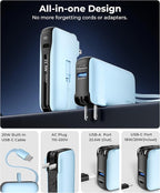 1 Pack Portable Charger with Built-in USB-C Cable & Plug, 10,000mAh 5V/4.5A Power Bank Fast Charging 22.5W, Travel Essential Battery Pack 3 Output for iPhone 16/15 Series, Samsung Galaxy, iPad