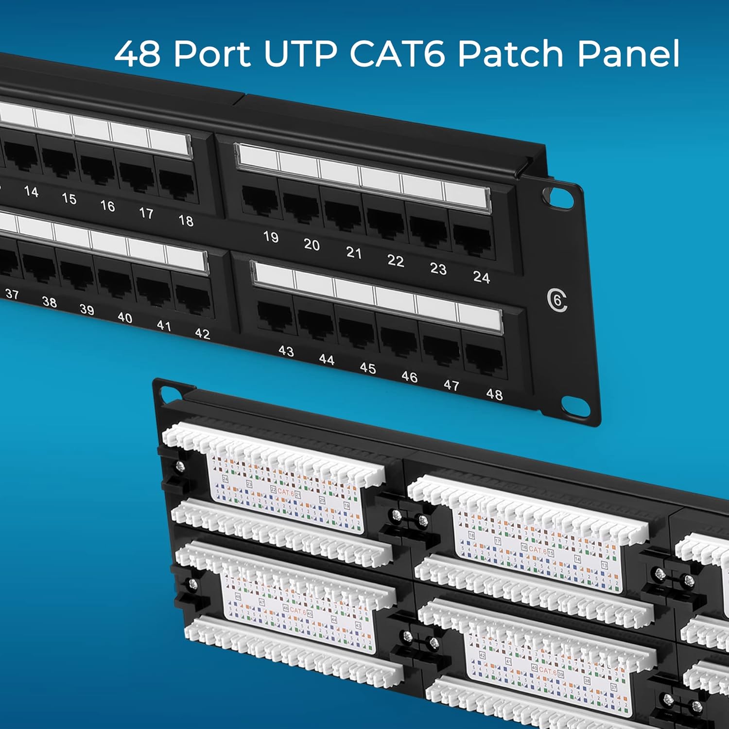 Rapink Patch Panel 48 Port Cat6 10G Support, Network Patch Panel UTP 19-Inch, Wallmount or Rackmount 1U Ethernet Patch Panel Punch Down Block for Cat6, Cat5e, Cat5 Cabling