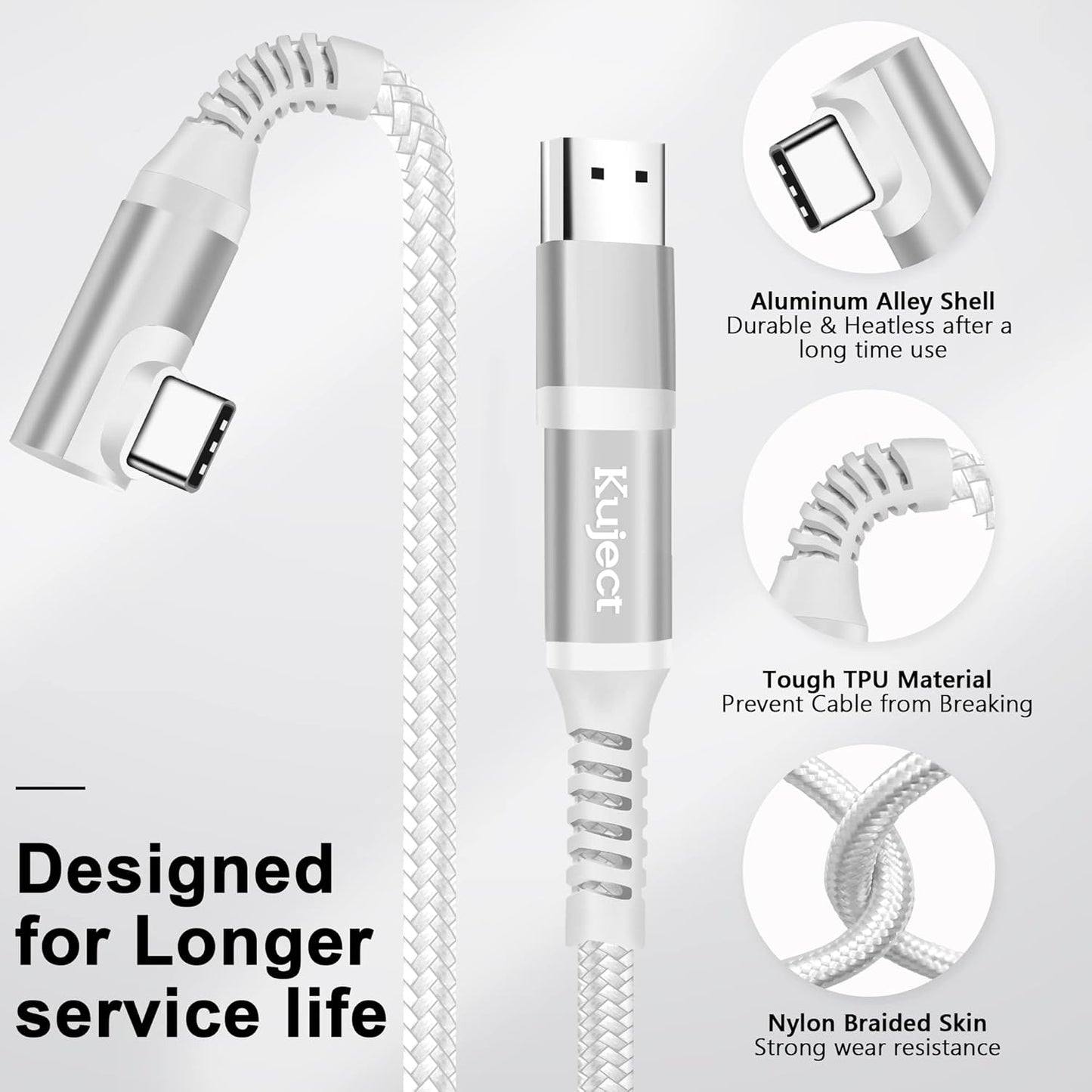 Kuject Link Cable 16FT Compatible for Quest 3S/3, Quest 2/Pro, Pico 4, Nylon Braided Accessories for Rift S/Steam VR Games, USB 3.0 Type C to C High Speed Data Transfer Cord for Gaming PC, Silver