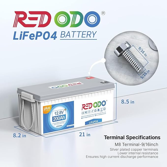 Redodo 12V 200Ah PLUS Lithium LiFePO4 Battery, Max 2560W Power Output, 200A BMS Protection, 4000-15000 Deep Cycles,Perfect for Home Applications, RV, Marine, Scooter, Solar Panel Chargeable