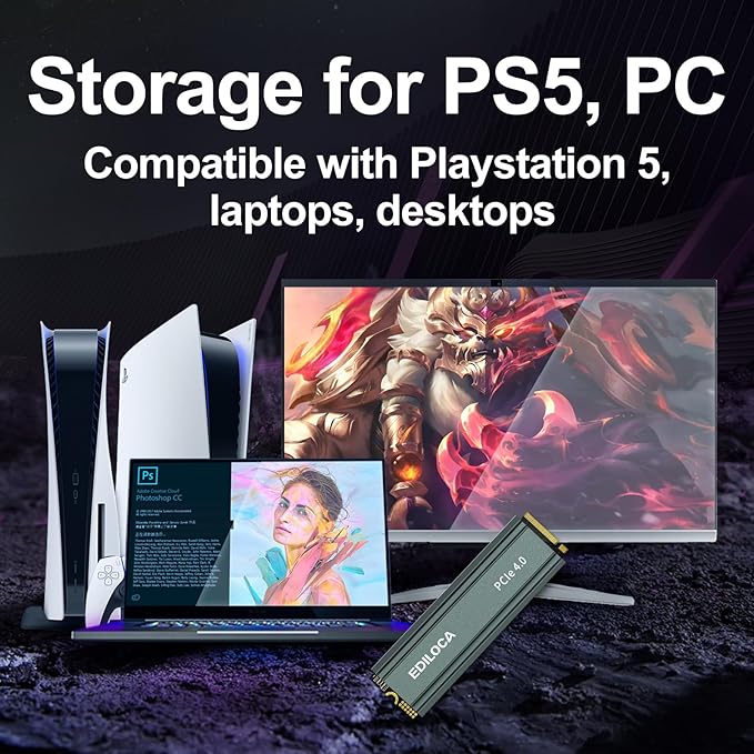4TB M2 NVME SSD with Heatsink - PCIe Gen4.0 NVMe M.2 2280 3D NAND QLC, 5000MB/s Read, Internal Solid State Drive for PS5/PC, Dynamic SLC Cache, PS5 Storage Expansion, 5-Year Warranty(EN760)